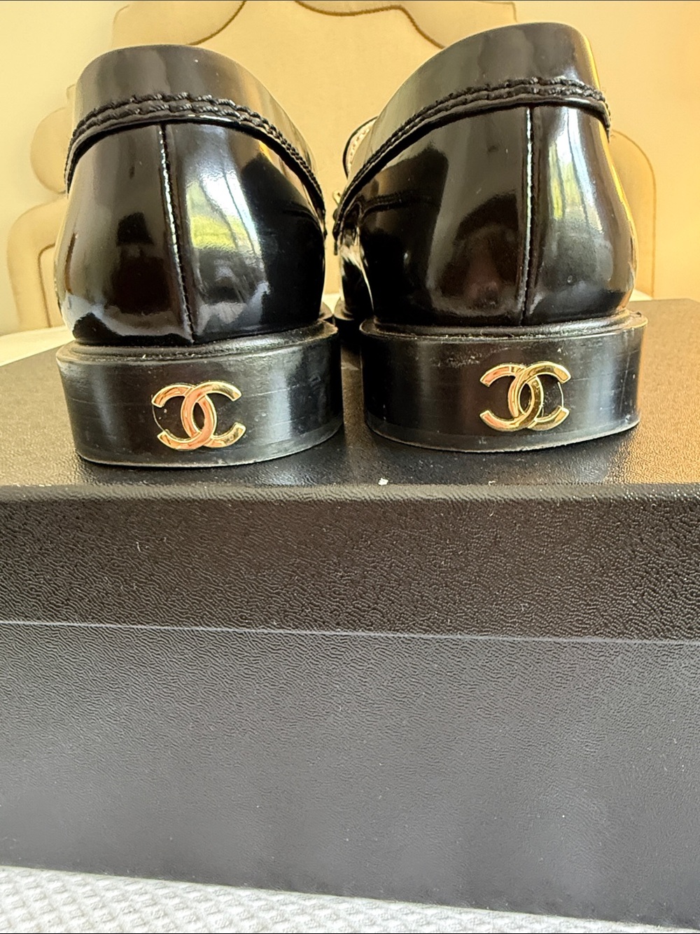 CHANEL Black Patent Leather Women’s Logo Chain Loafers - Picture 5 of 15